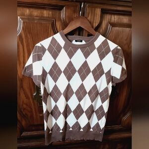 J. Crew - Vintage Argyle Short Sleeve Crewneck - White, Cream, Brown - L